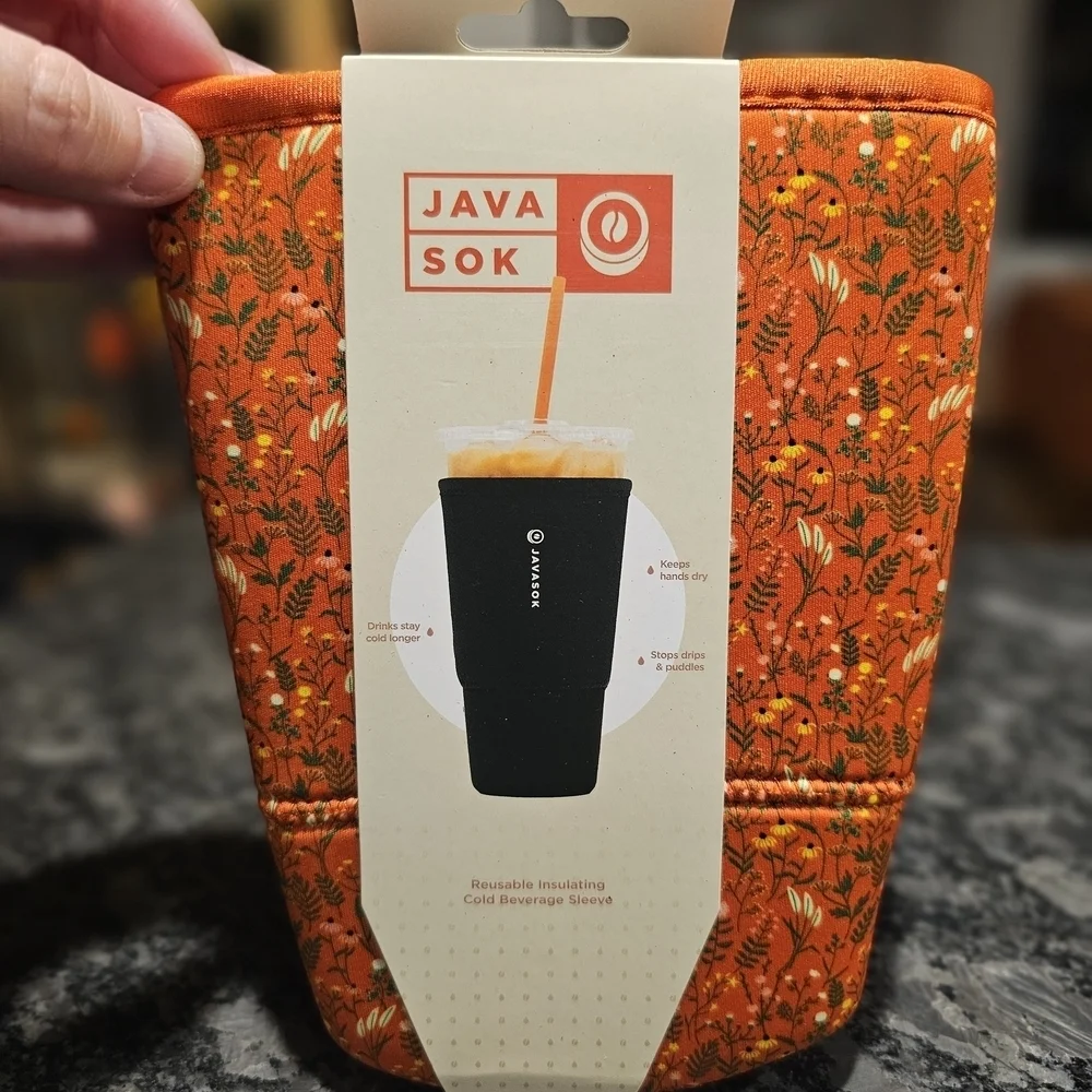 NWT JAVA SOK Orange Floral Print  Insulating Ice Coffee Sleeve XXL